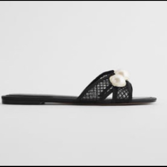 Zara mesh slides black faux pearl euro 38 7.5 Nwt